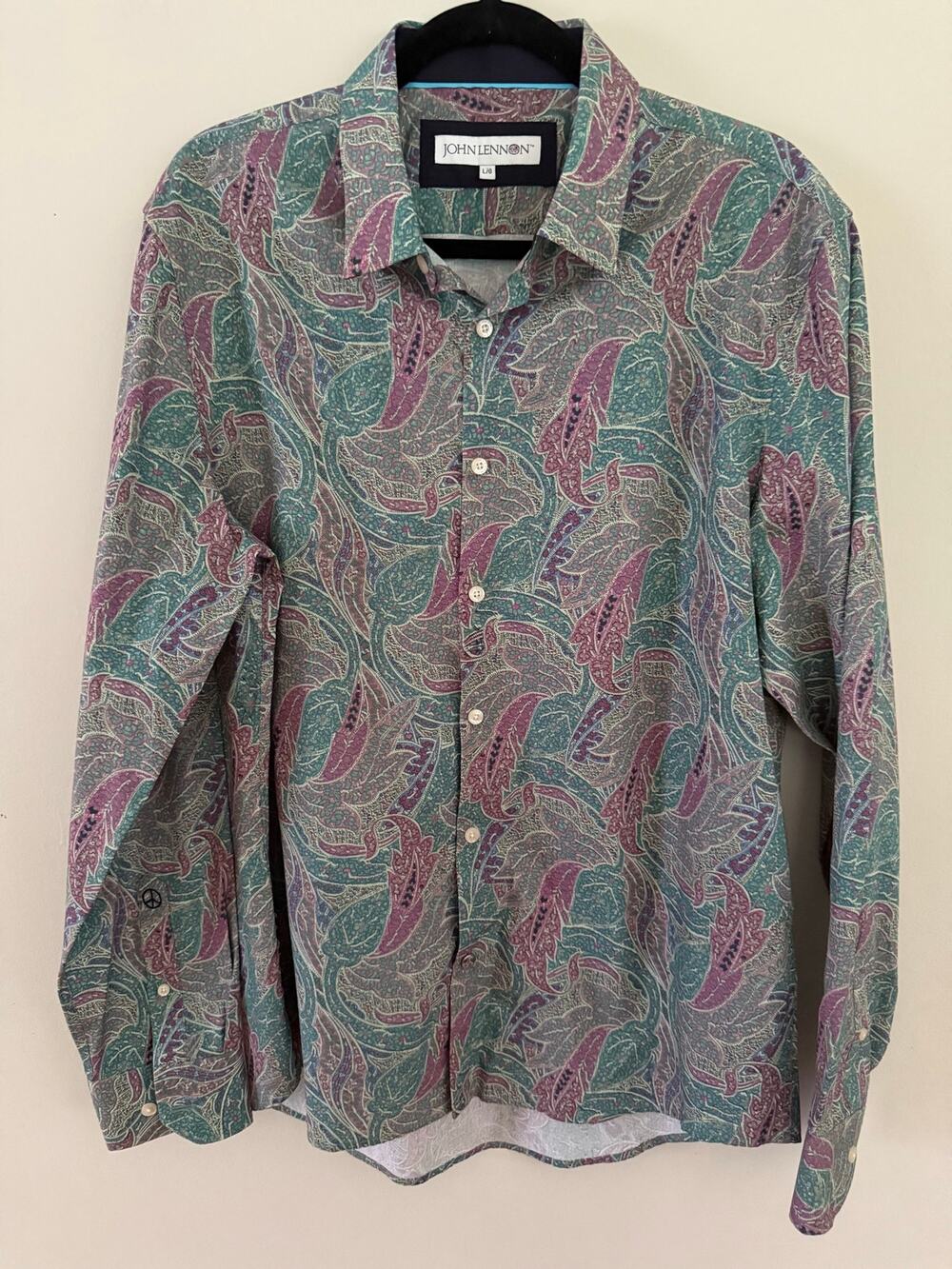 John Lennon Paisley Button Down Shirt Men’s Large Retro Mod Purple Teal Cotton